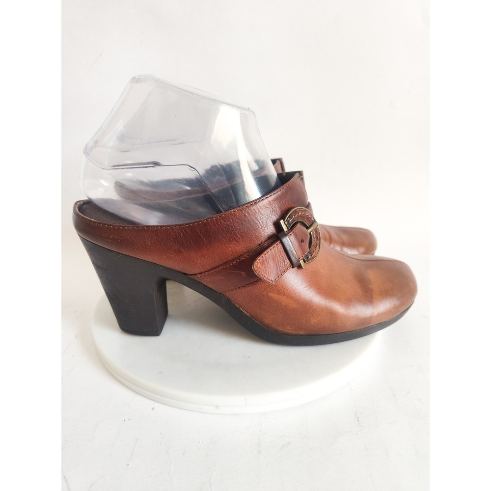 Aerosoles Mules 7 90s Vintage Brown Leather Block Heel Buckle Comfort Belted